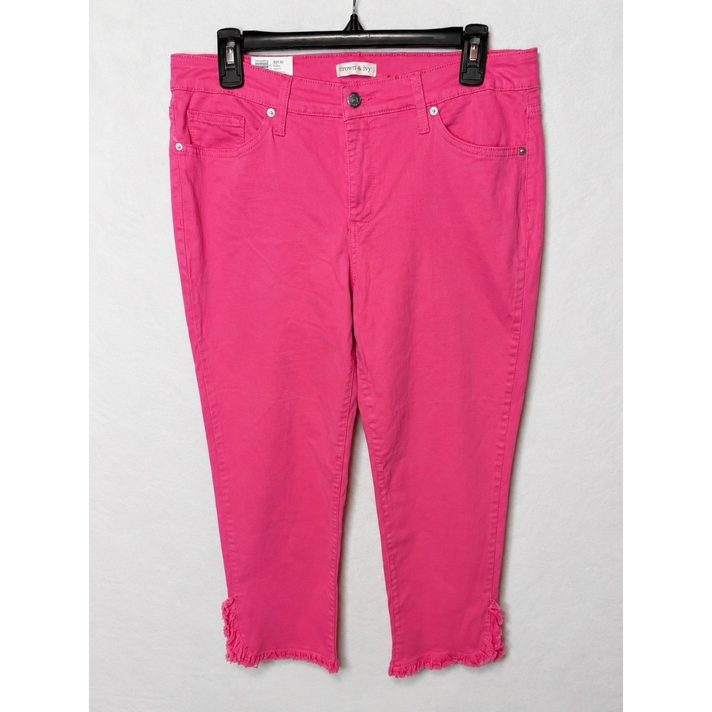 Crown & Ivy Women's Size 12 Skinny Capri Pants Hot Pink Frayed Hem NWT